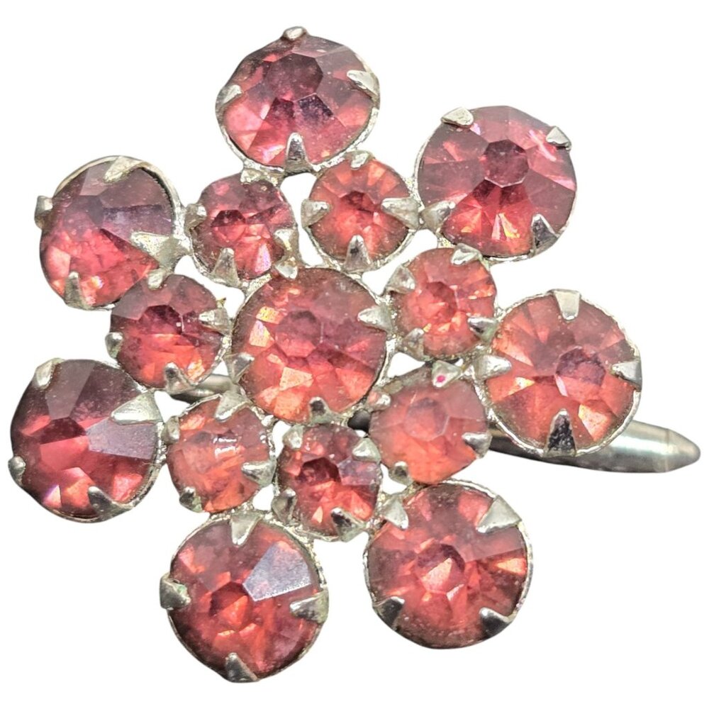 Vintage Pink Red Rhinestone Flower Brooch Silver Tone Glass Stones Trombone Clas